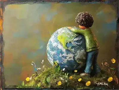 Artistic depiction of a girl holding the planet Earth. representing Earth Day Climate Education