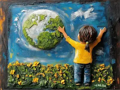 Artistic depiction of a boy kissing the planet Earth. representing Earth Day Climate Education